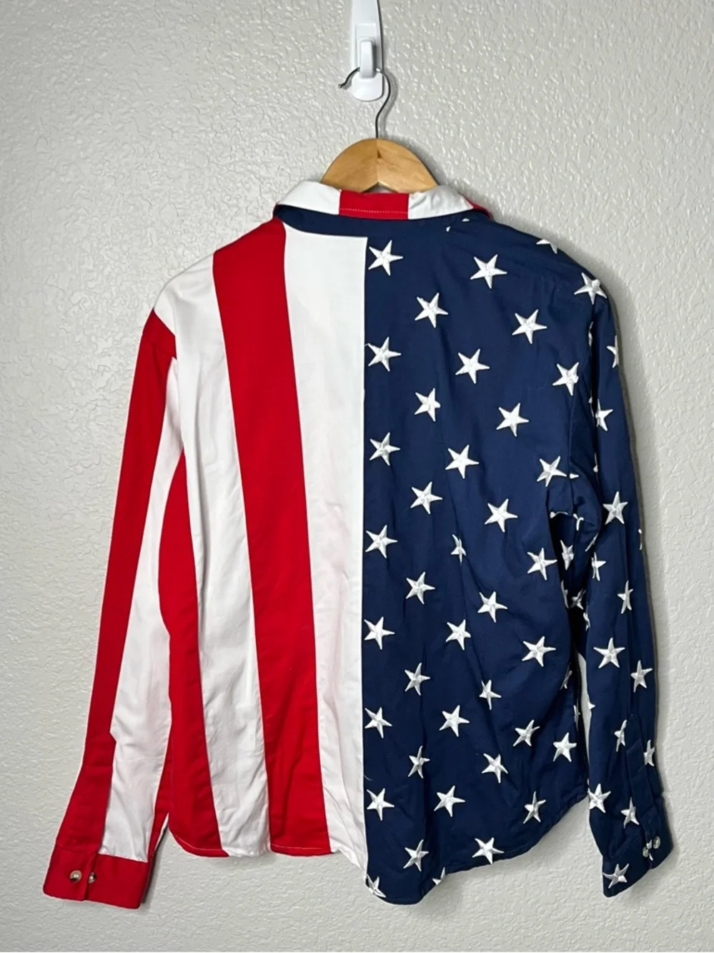 American Summer USA Flag Button Shirt XXL Patriotic Stars Stripes Red White Blue - Picture 7 of 8